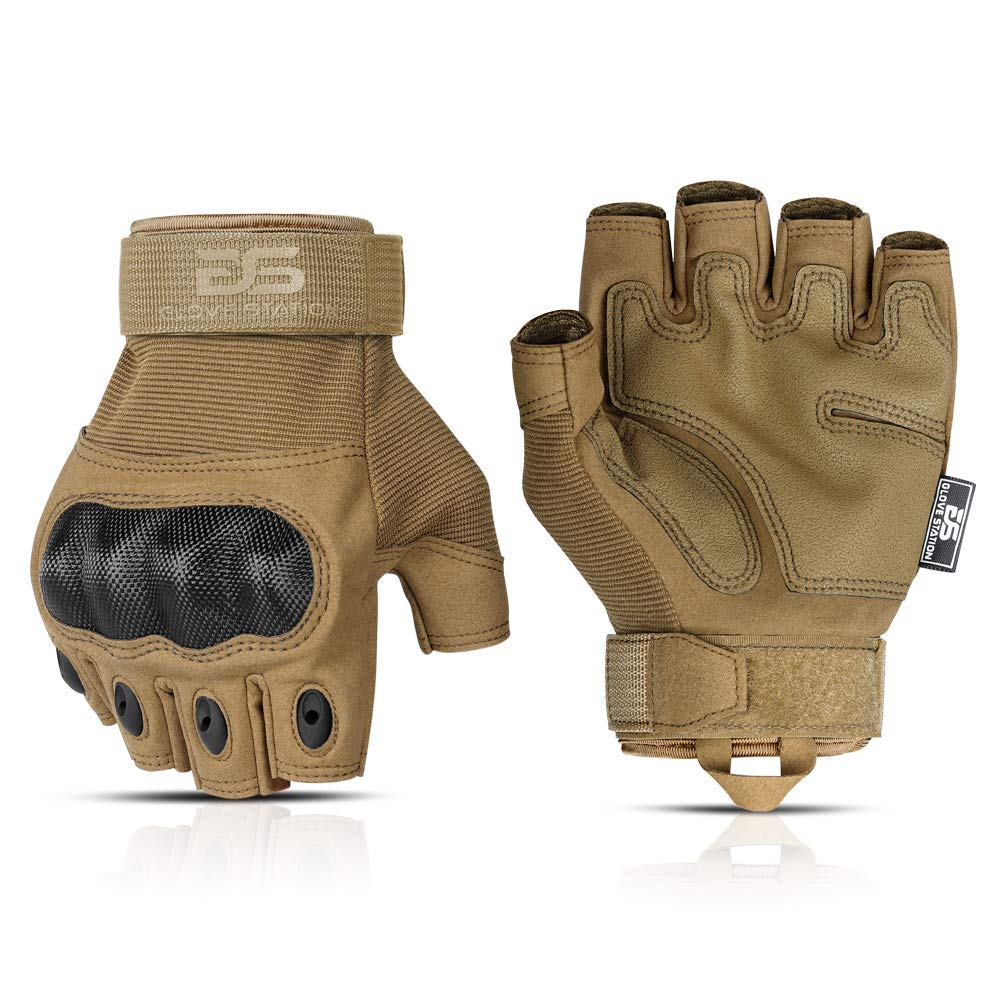 Glove Station The Combat - Fingerless Knuckle Tactical Gloves for Men - Motorcycle Gloves for Tactical Shooting, Airsoft, Hunting, Police Work and Hiking - Tan, Medium