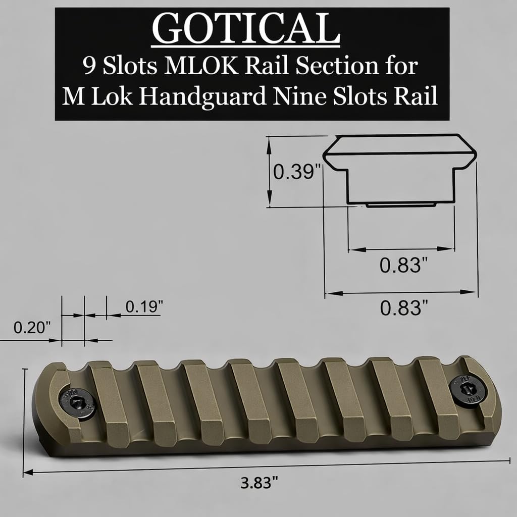 Gotical 9 Slots Picatinny Rail Section for M-Lok Handguard Flat Dark Earth Fit for Picatinny/Weaver Rails