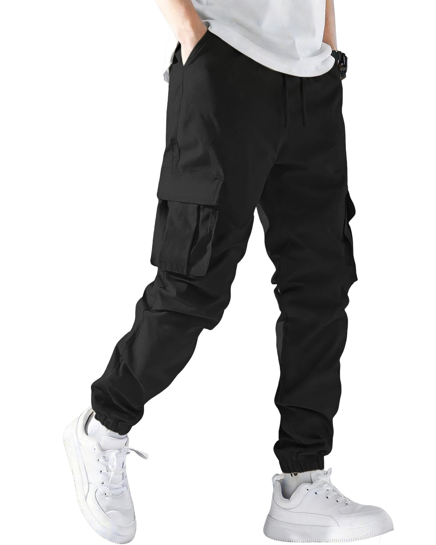 DOWMQ Mens Cargo Joggers Stretch Casual Sweatpants Elastic Waist Drawstring Tapered Pants for Men Hiking Pants with 5 Pockets Black, M