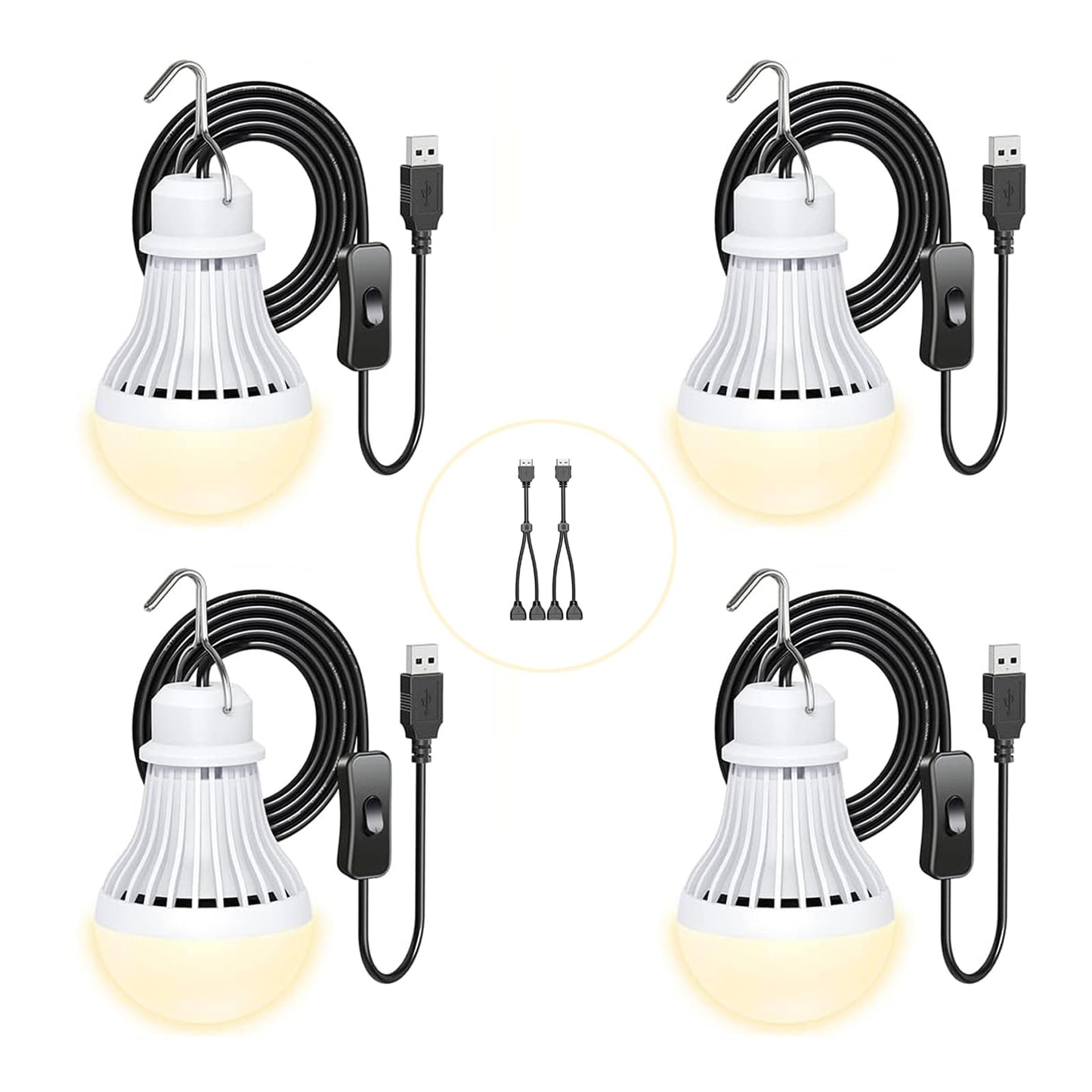 4 Pack USB Light Bulb, USB LED Camping Light Lantern, 8.2 ft Extra Length Cord Tent Light with USB Y-Cable, Portable LED Bulb for Garage Warehouse Car Truck Fishing Boat Room Emergency Light, Warm