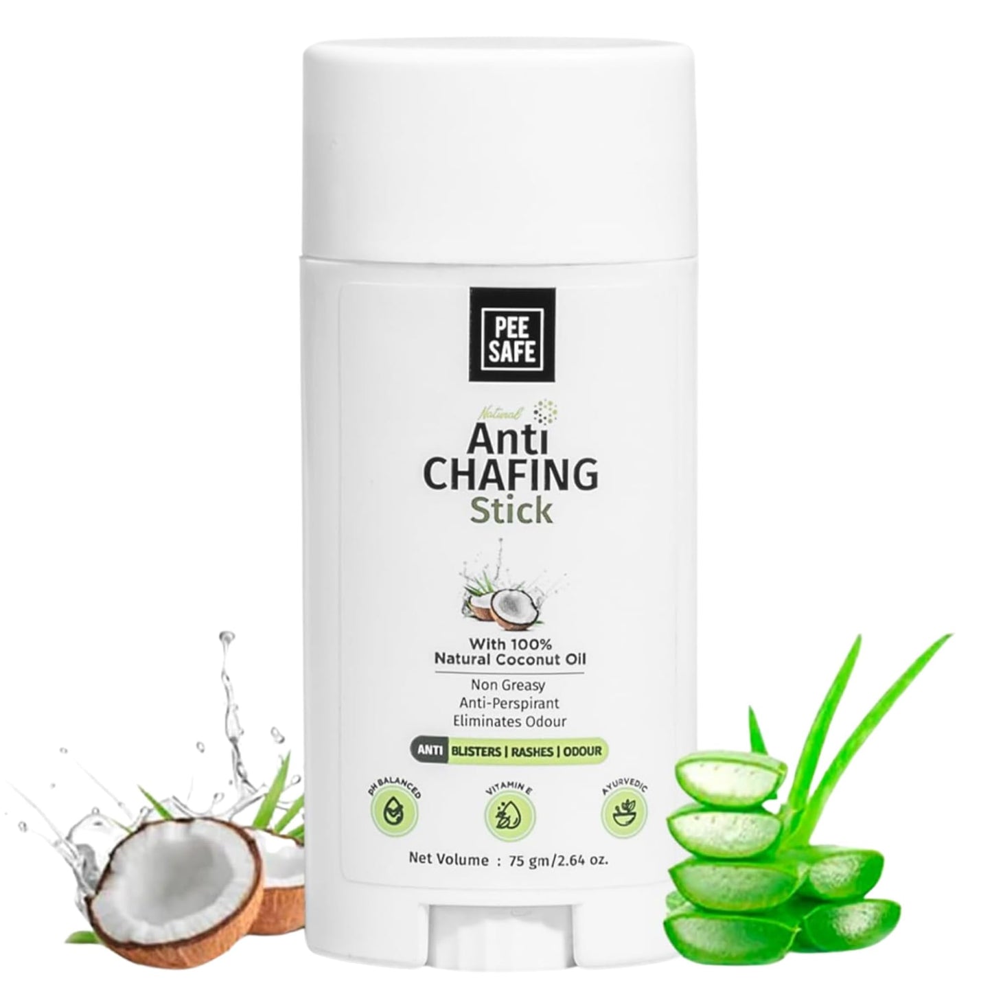 Pee Safe Anti Chafe Stick with Coconut Oil & Aloe Vera, Anti Friction Balm for Thigh & Underarm Care, Non Greasy Skin Protection for Men & Women, 2.65 Oz