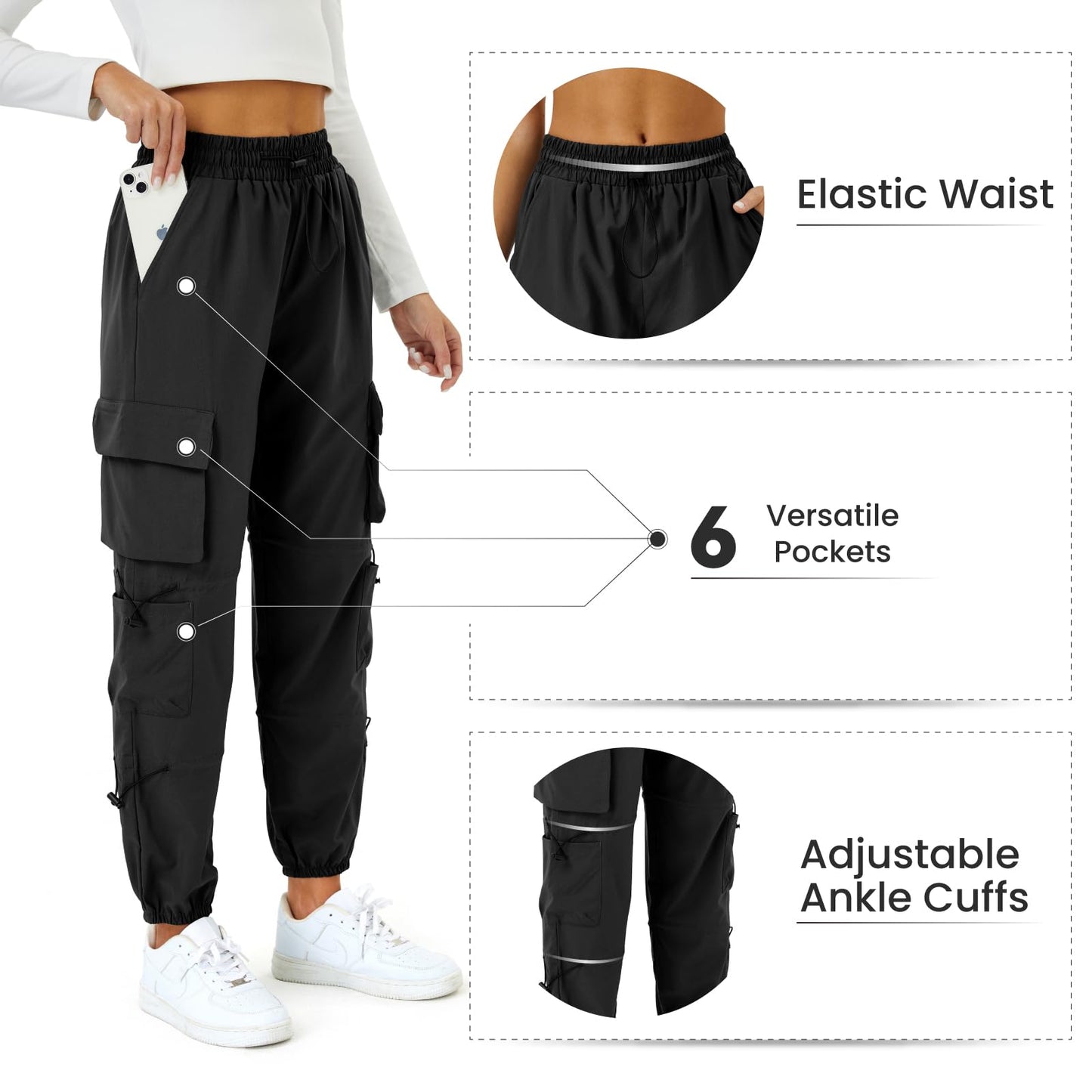 COPYLEAF Womens Parachute Cargo Pants with Pockets Quick Dry Hiking Pants Lightweight Water-Resistant Baggy Joggers(Black M)
