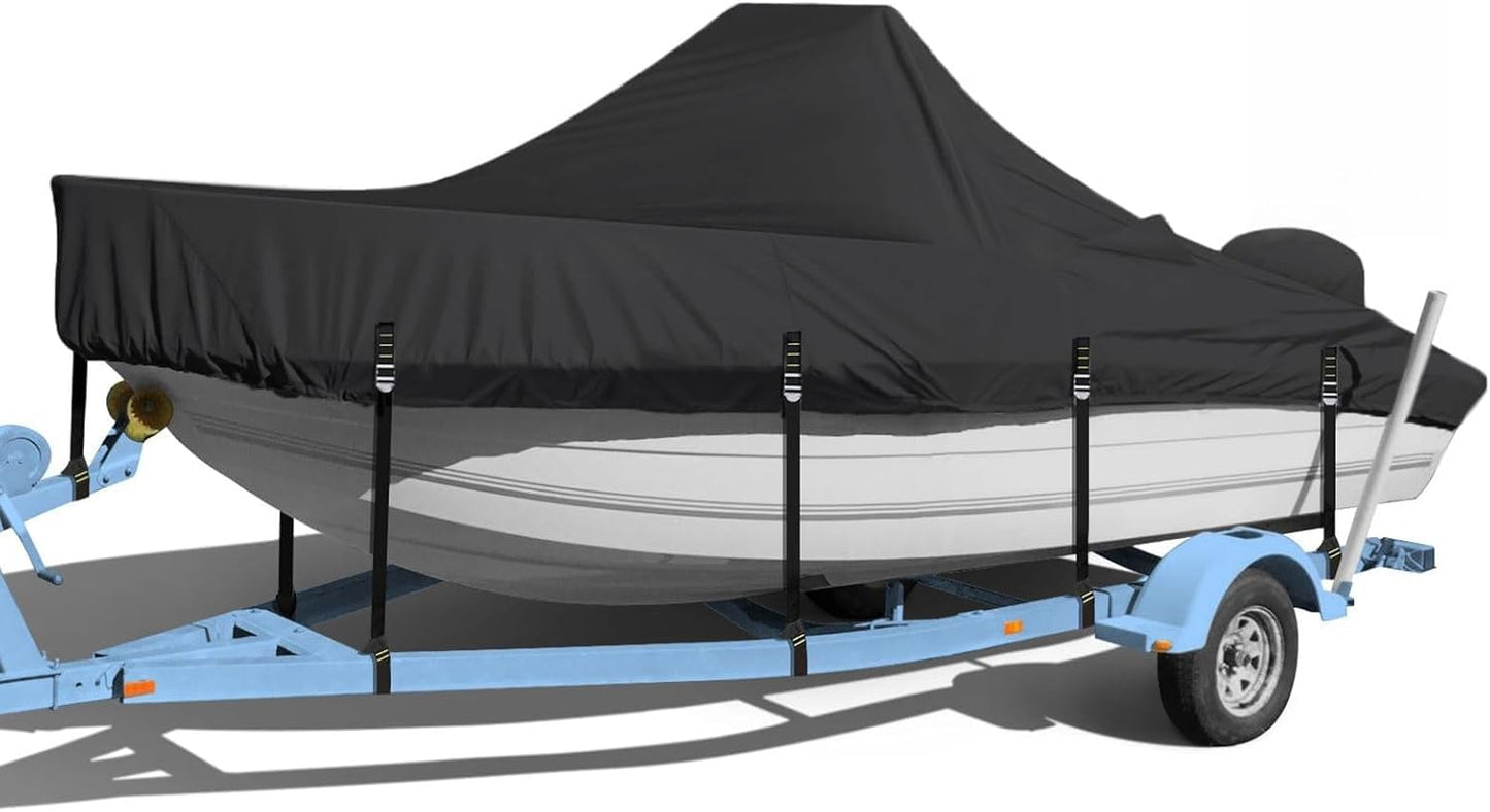 Heavy Duty Center Console Boat Cover - Waterproof 900D Fabric, Fits 16-18.5 FT | Black with Motor Cover & Adjustable Buckle