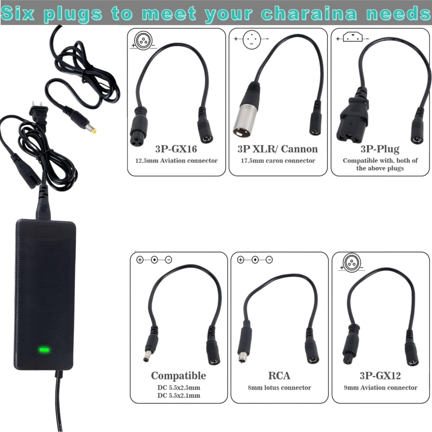 29.4V 2A Fast Charger 7 in 1 Plugs Universal for 24V 25.2V 25.6V 25.9V Lithium Battery, 7S Lithium Battery Replacement Charger for Gotrax,Jetson,Razor,Ninebot,etc