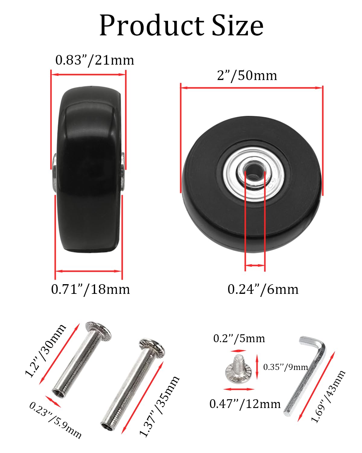 Luggage Replacement Wheels - 50 x 18mm, 8pcs Black Rubber Suitcase Wheels Repair Kit, Smooth Replacement Parts for Carry-on Roller Bags and Trolleys