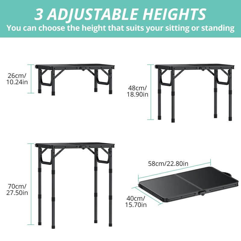 VINTEAM Camping Folding Table with Adjustable Height, Lightweight Portable Outdoor Picnic Table, BBQ Grill Side Table, Durable Aluminum Frame, MDF Desktop for Camping, Fishing, RV, Beach (Black)