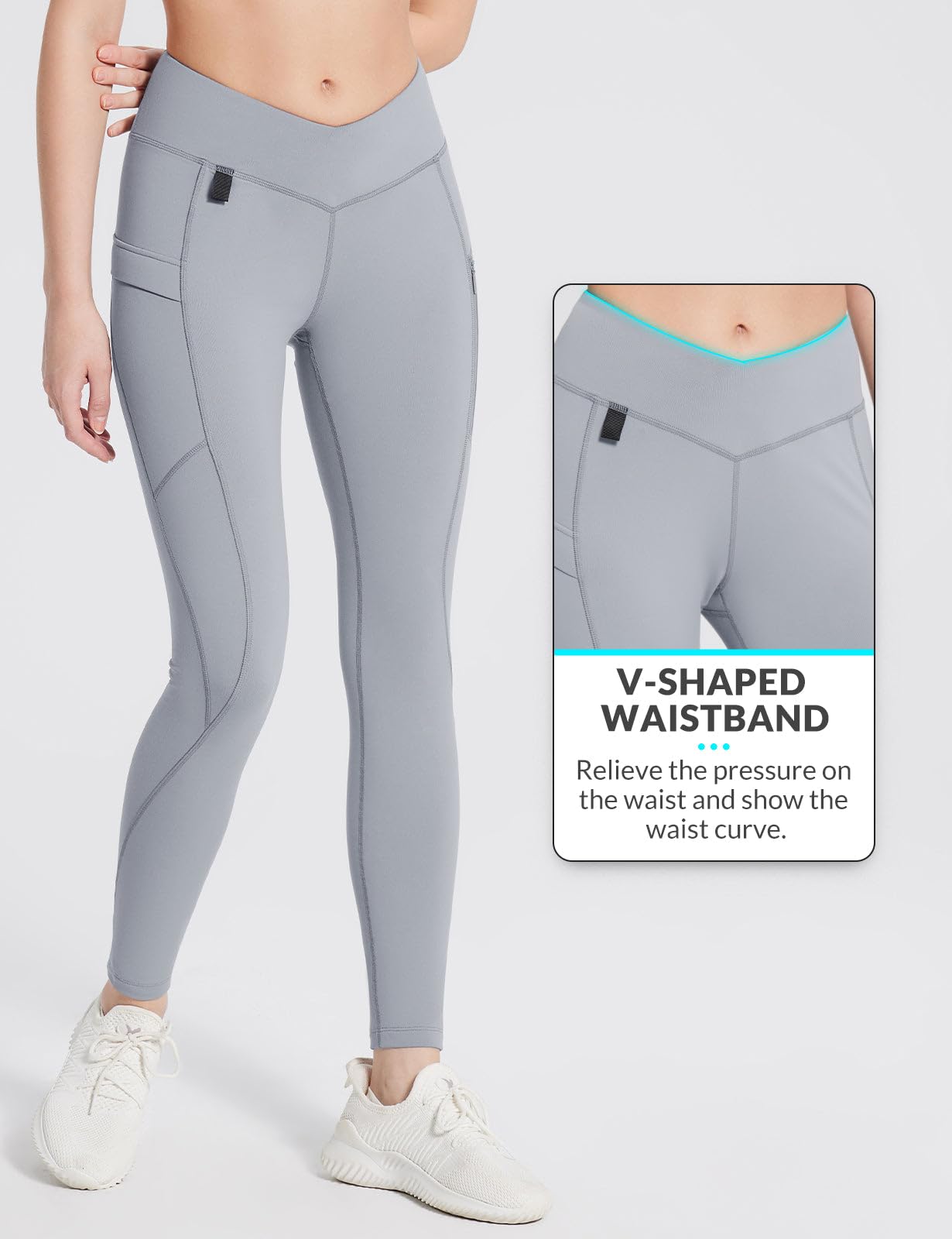 baleaf Women's Thermal Waterproof Leggings Fleece Lined Winter Hiking Pants with Pockets High Waisted Running Tights for Cold Weather Frost Gray M