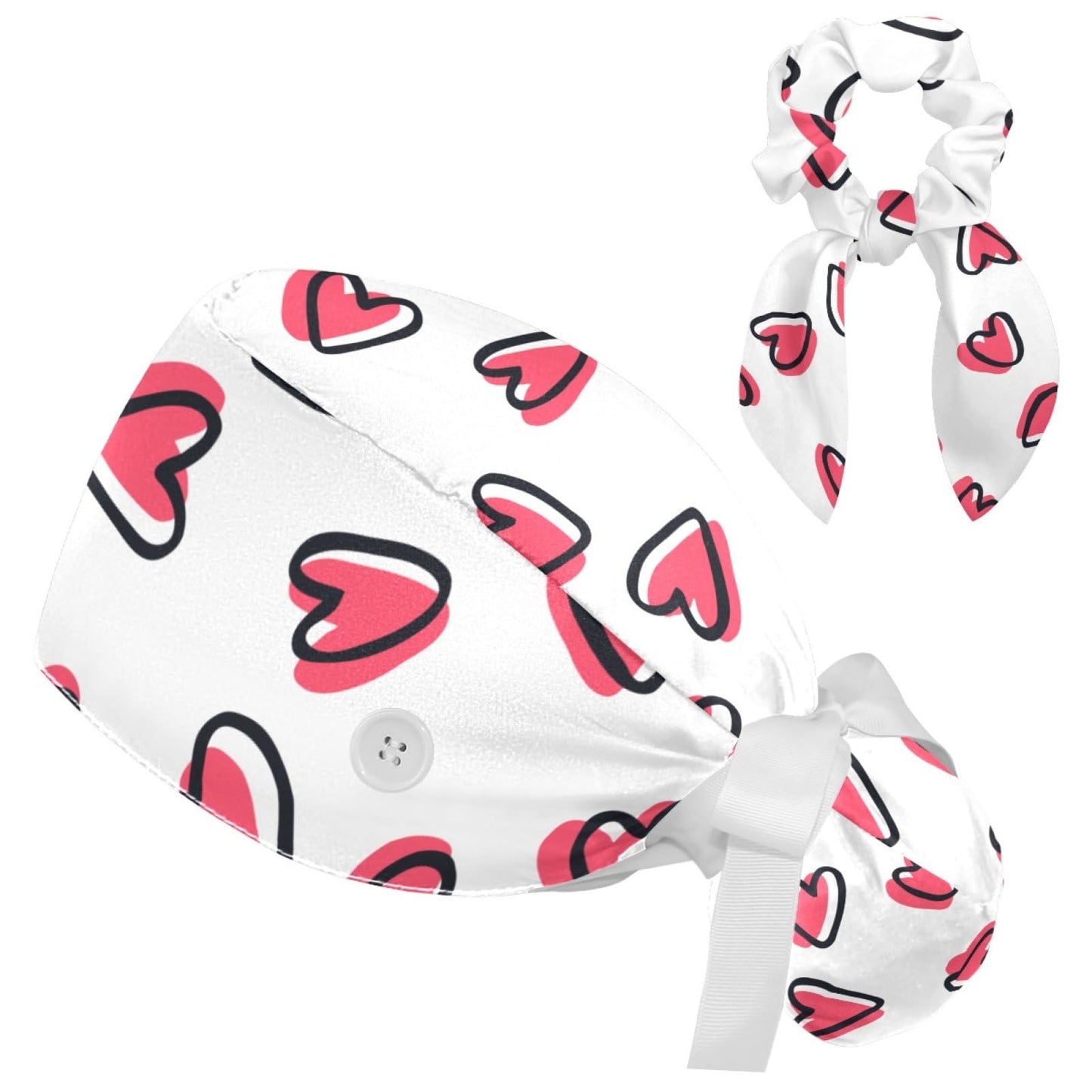 Adjustable Working Cap Pink Hearts Bouffant Hat with Buttons Scrub Hat with Bow Hair Scrunchy for Woman