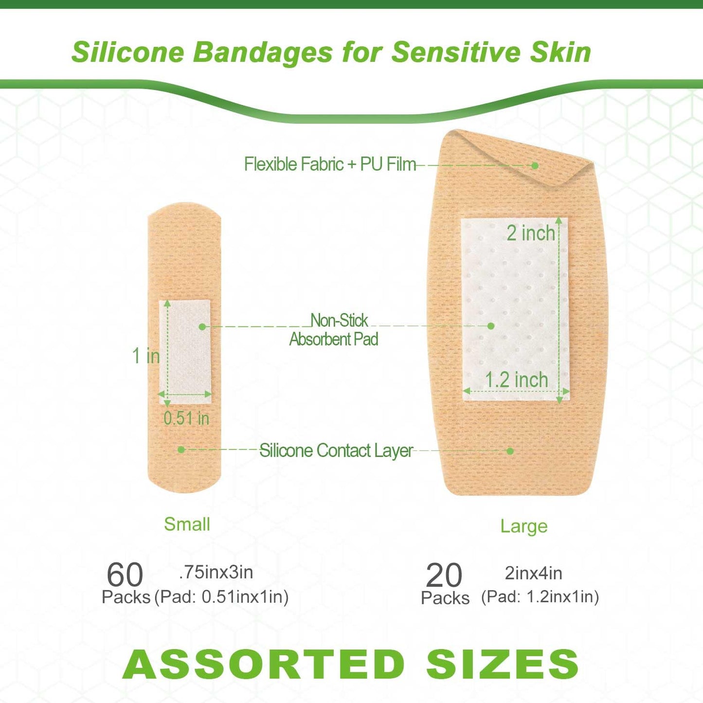 NeuHeils 80 Pks Silicone Bandages for Sensitive Skin Assorted Sizes - Small 0.75x3 (60Pcs) & Large 2x4 (20Pcs) | Non-Stick Pad, Hypoallergenic, Pain-Free Removal Wound Dressings for Fragile Skin
