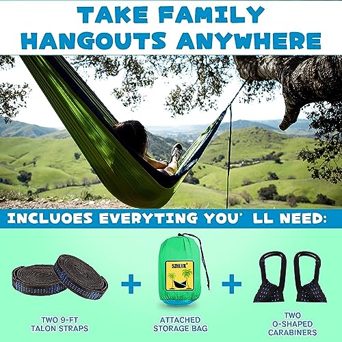 SZHLUX Kids Hammock - Kids Camping Gear, Camping Accessories with 2 Tree Straps and Carabiners for Indoor/Outdoor Use, Sapphire Blue & Grass Green