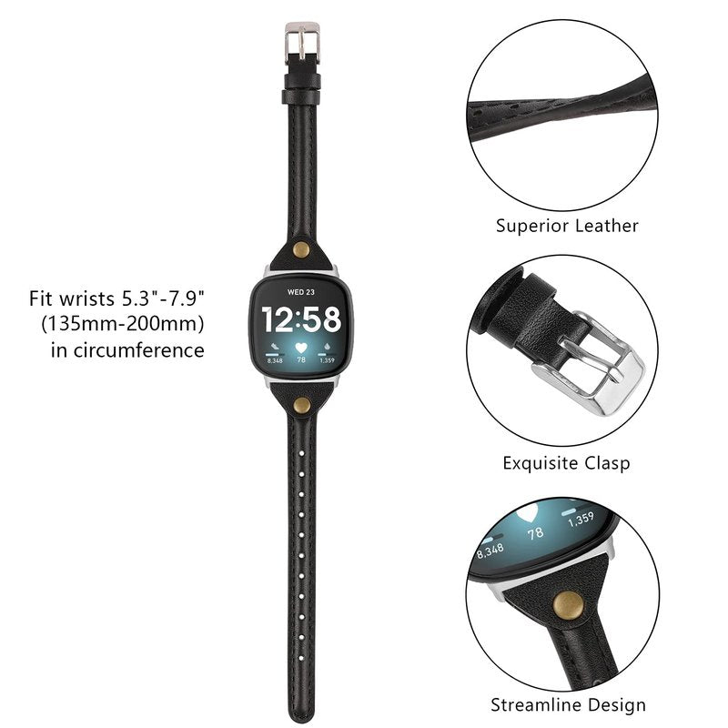 Minyee Compatible with Fitbit Versa 4/Versa 3/Sense 2/Sense Band for Women, Slim & Thin Leather Straps Bracelet Wristband for Fitbit Versa 4/ Fitbit Sense Smartwatch, Black