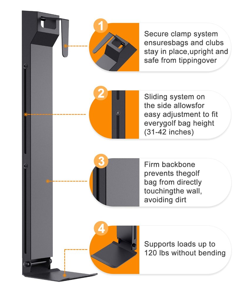 KBKJYYGS Golf Bag Wall Mount,Golf Bag Holder for Garage,Golf Bag Storage Rack,Golf Bag Organizer for Garage,Golf Bag Stand for Home Basement,Height Adjustable,Great Gilf for Golf Enthusiasts, Black