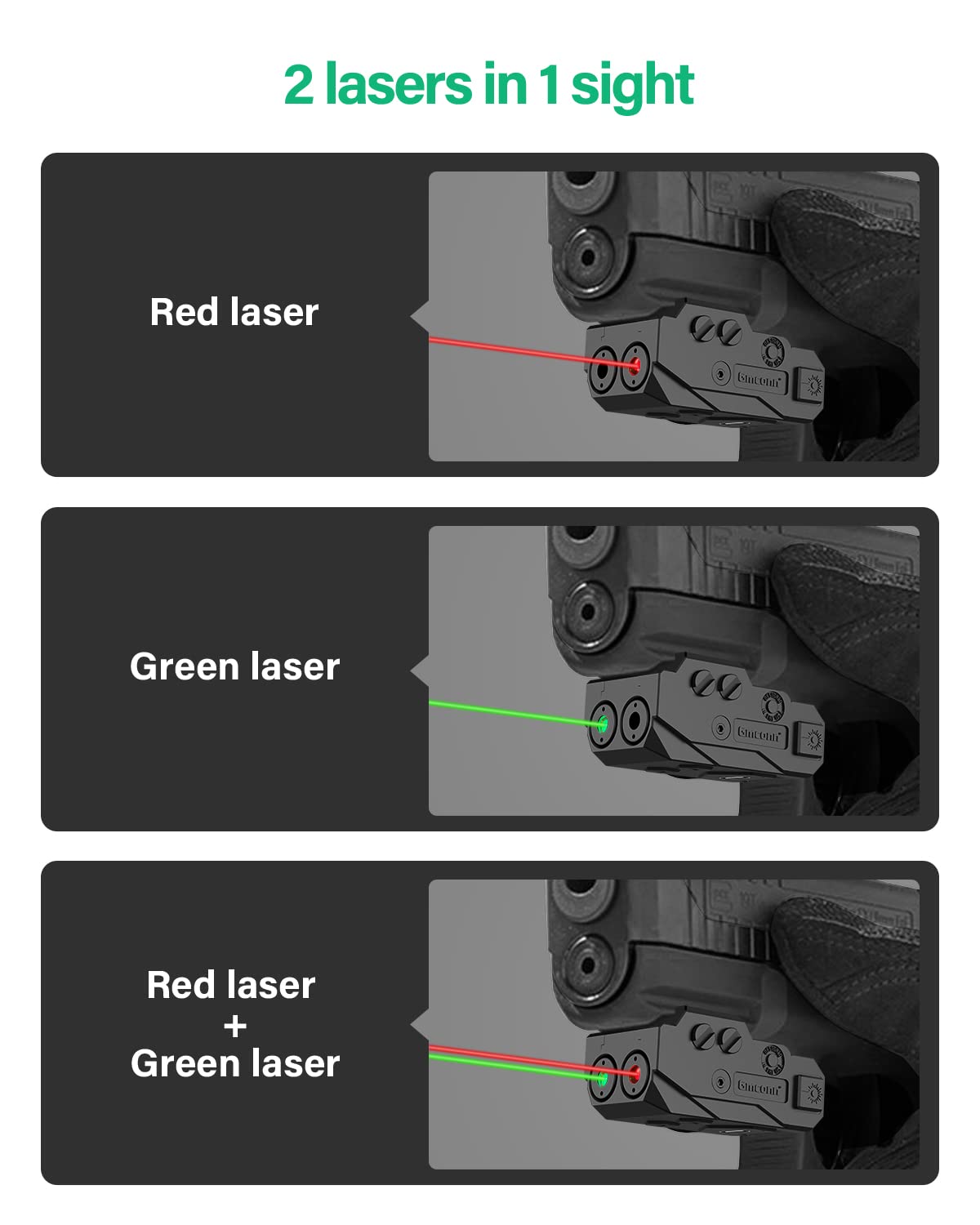 Gmconn Red and Green Dual Laser Sight for Pistol with a Rail, Low Profile Red Green Beams for Full Size or Compact Guns, Rechargeable, (Laser Output <5mW, Class IIIA)