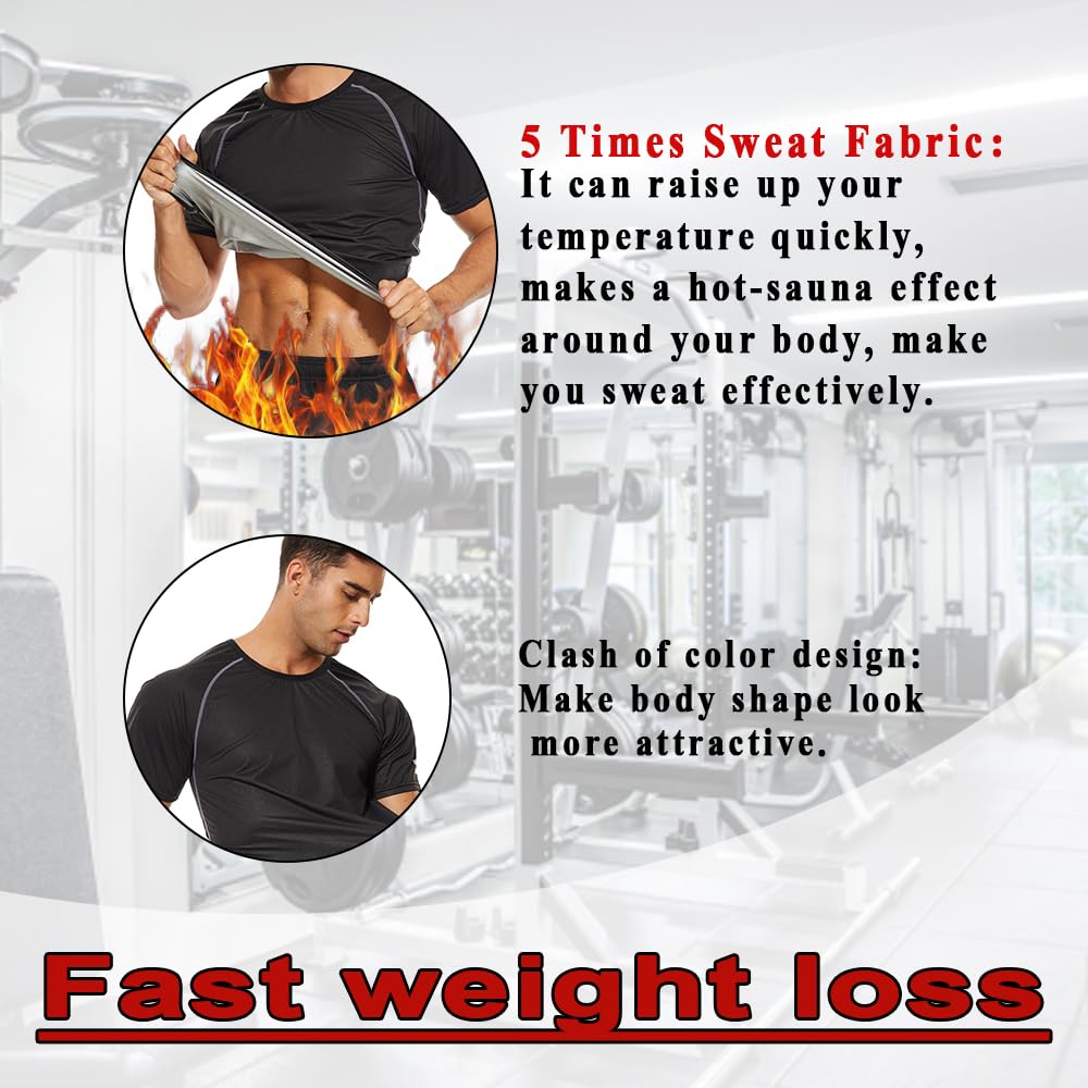 NINGMI Sweat Suit for Men Sauna Shirt Fitness Sweat Workout Top Short Sleeves Waist Trainer Gym Slimming Body Shaper