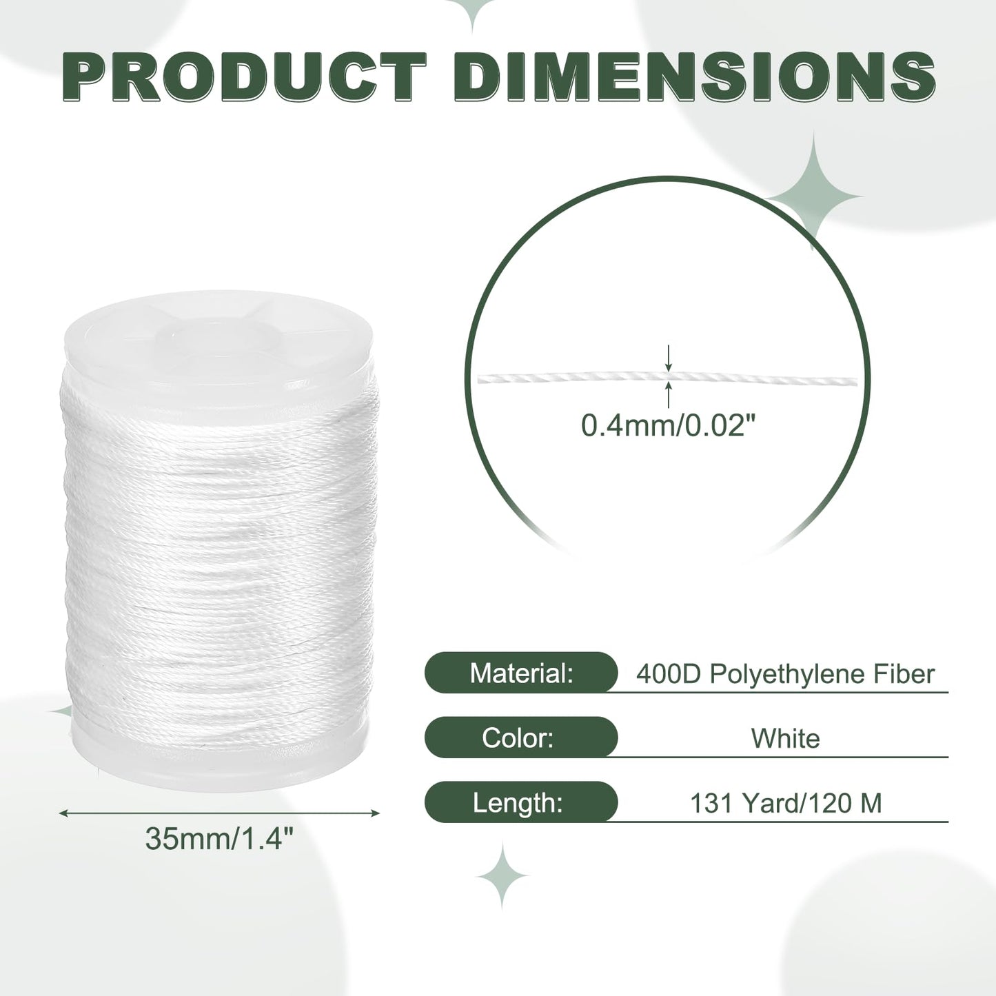 YELARXI Archery Bow String Serving Thread, 0.02" Dia Durable Bowstring Thread Accessories 131 Yard/120M & 400D PE & White-Fitting for(Tying Peep Sight Nock/Compound/Recurve Bow)