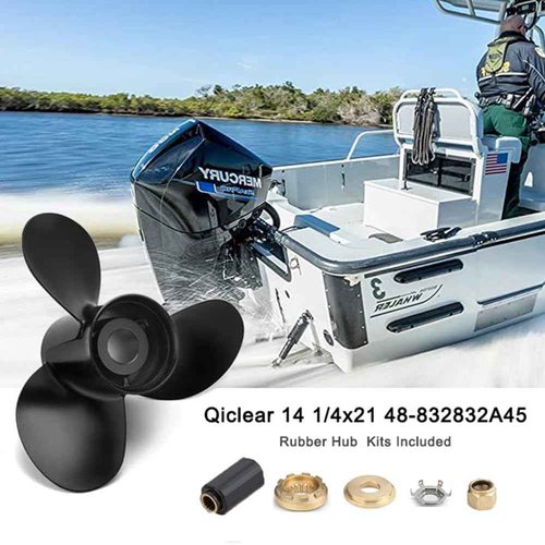 Qiclear 14.25 x 21 Pitch | 48-832832A45 (Upgrade Rubber Hub Kits Included) OEM Aluminum Outboard Propeller fit Mercury/Mariner 135-300HP,Mercruiser Sterndruves, Alpha,Bravo One, 15 Spline Tooth, Rh