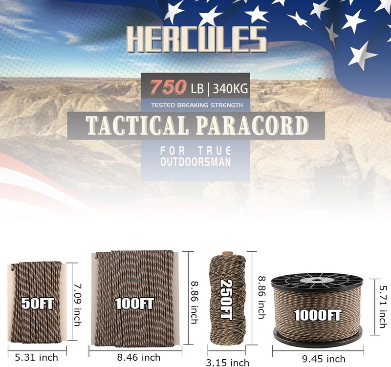 HERCULES 750lb Paracord - 4mm 11 Strands Tactical Rope for Camping | Forest Camo, 50FT