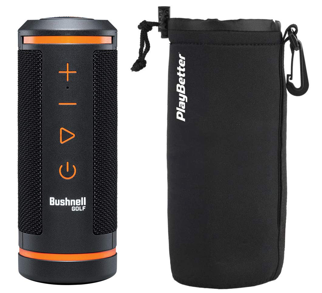 Bushnell Wingman GPS Golf Speaker Bundle - Music & Audible Distances Bluetooth Speaker for Golf Cart - Score Tracking, 3D Flyovers & 36,000+ Courses - includes PlayBetter Protective Neoprene Pouch