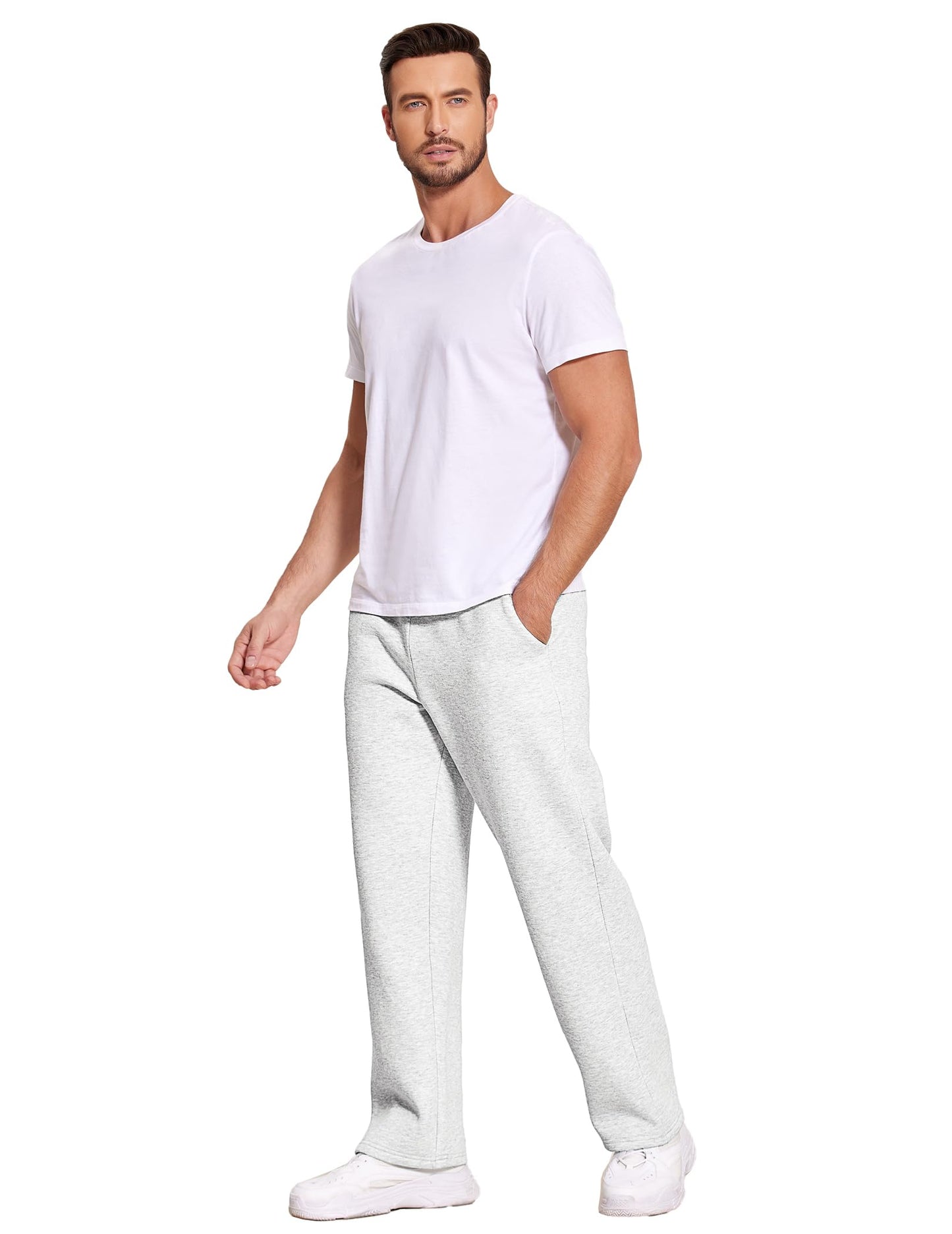 Deyeek Men's Fleece Lined Sweatpants Open Bottom Loose Grey Sweat Pants for Mens Baggy Thick Cotton Lounge Pants with Pockets