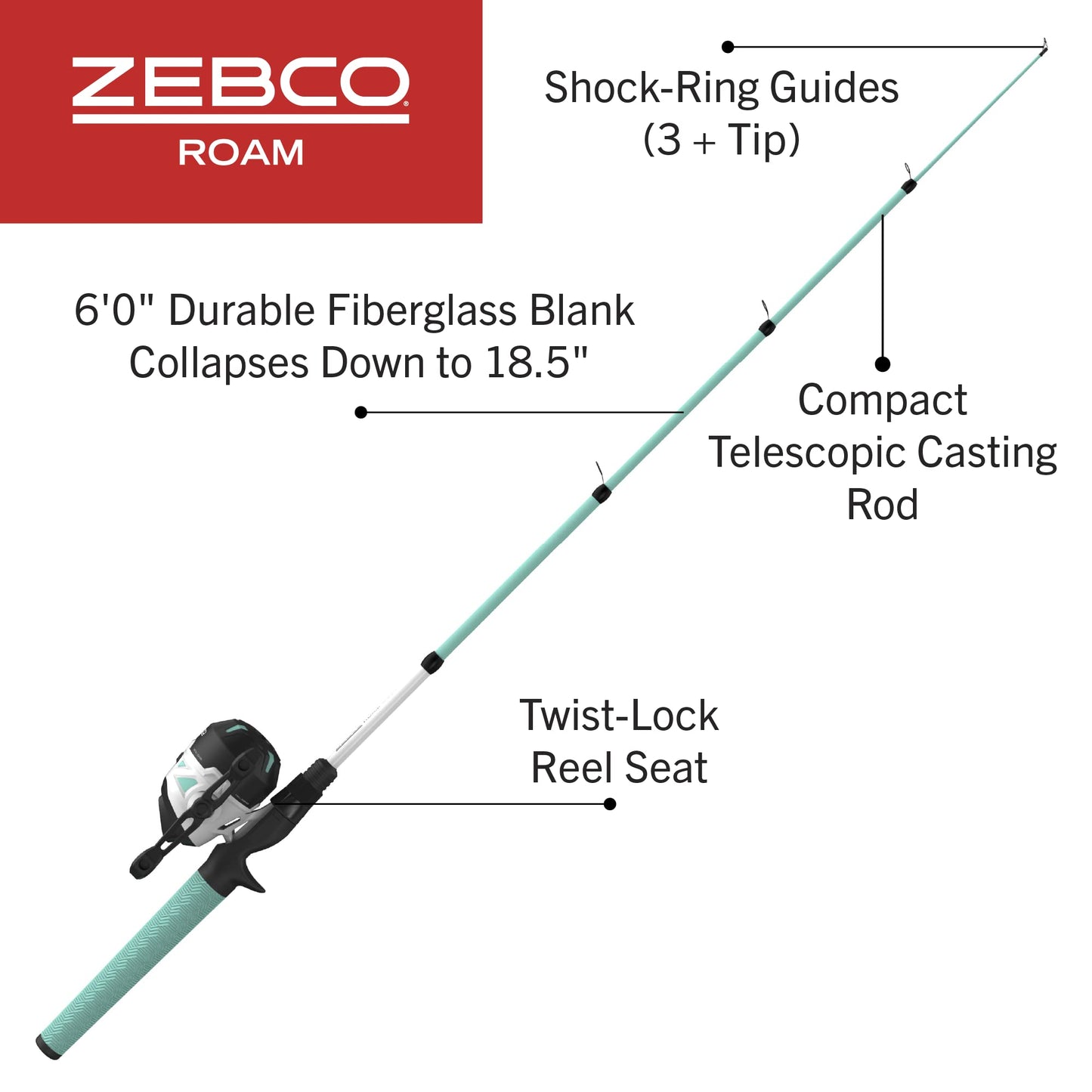 Zebco Roam Spincast Reel and Telescopic Fishing Rod Combo, Extendable 18.5-Inch to 6-Foot Telescopic Fishing Pole with ComfortGrip Rod Handle, Quickset Anti-Reverse Fishing Reel, Seafoam, 30