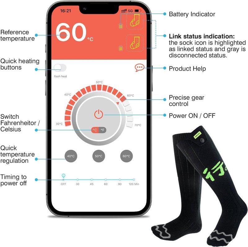 Heated Socks for Men Women, APP Control Electric Heated Socks Rechargeable Washable, Battery Heated Socks Foot Warmer Socks for Hiking Biking Camping Skiing Hunting Outdoor Work, Heating Thermal（XL）