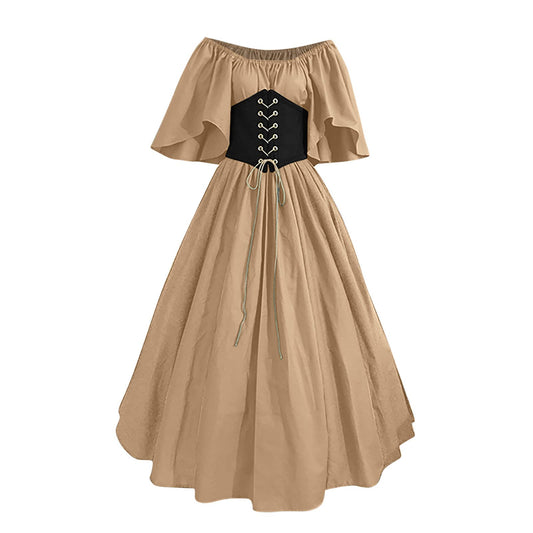 TUNUSKAT deals of the day clearance my orders prime of day deals today 2024 Renaissance Costume Women Puff Sleeve One Shoulder Color Block Renaissance Dress Traditional Irish Dress With Corset