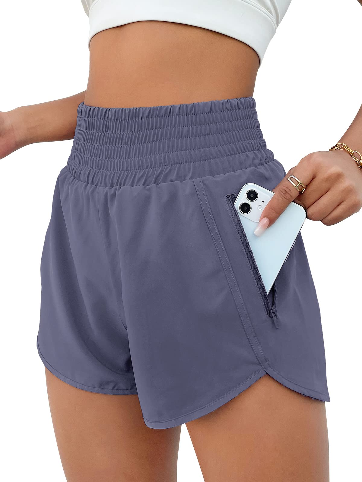 BMJL Women's Athletic Shorts High Waisted Running Short Pocket 2.5" Sporty Shorts Gym Elastic Workout Shorts(S,Bluish Grey)