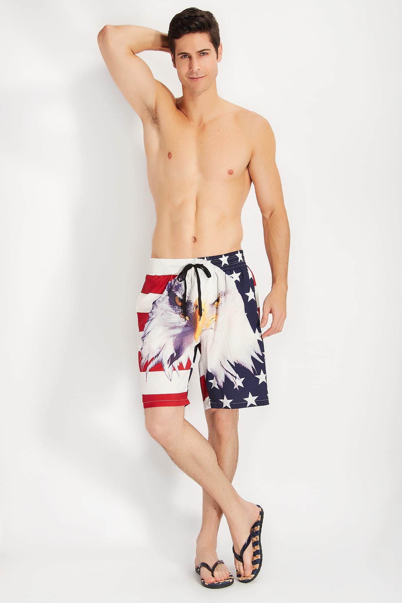 Quick Dry USA Flag Beach Board Shorts for Men Novelty Hawk Animal Graphics Mesh Lining Swimming Trunks with Two Side Pocket 90s Guys Summer Lightweight Comfy Elastic Waist Long Sports Pant，Patriotic M