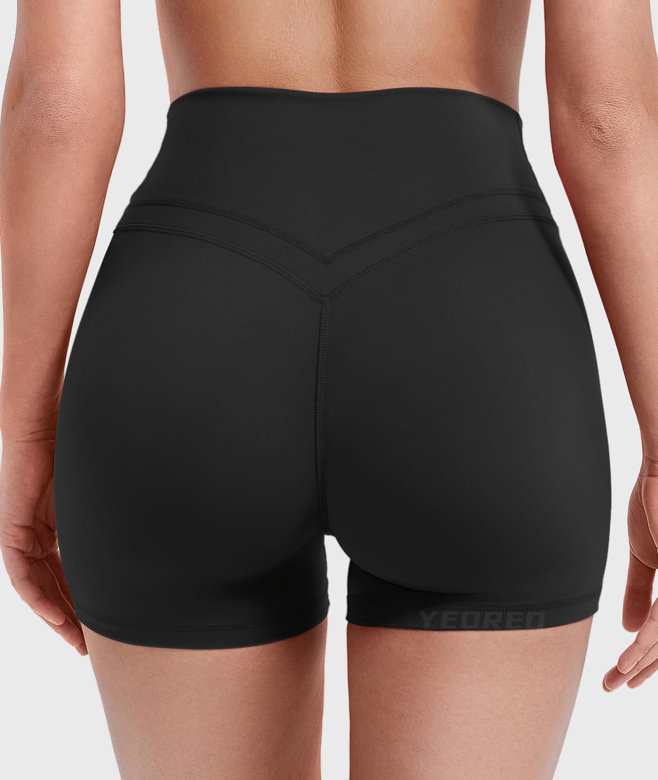 YEOREO Gym Workout Shorts for Women High Waisted Tummy Control Hidden Scrunch 4.5" Booty Shorts Julissa Cross Waist Yoga Black