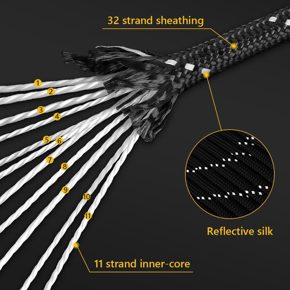Reflective Paracord Rope - 750 lb Strength | 100' to 1000' Lengths, 4mm 11-Strand for Camping & Hammocks