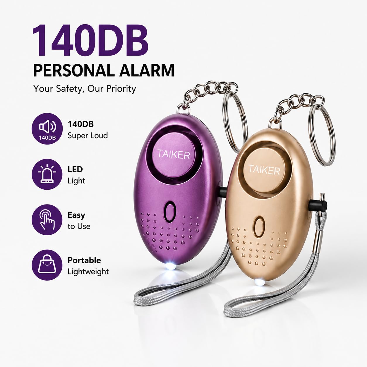 Personal Alarm for Women 140DB Emergency Self-Defense Security Alarm Keychain with LED Light for Women Kids and Elders-2 Pack (Gold & Purple)