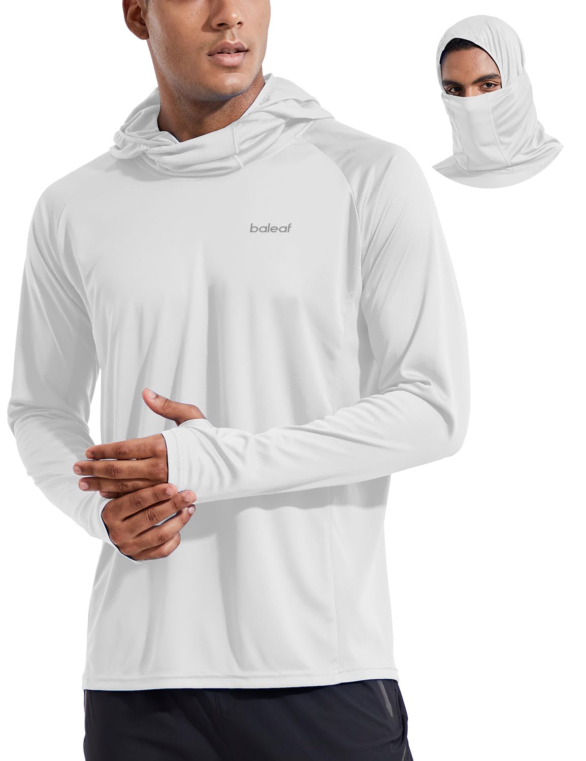 baleaf Men's Sun Protection Hoodie Shirt UPF 50+ Long Sleeve UV SPF T-Shirts with Mask Rash Guard Fishing Lightweight White Size XXL