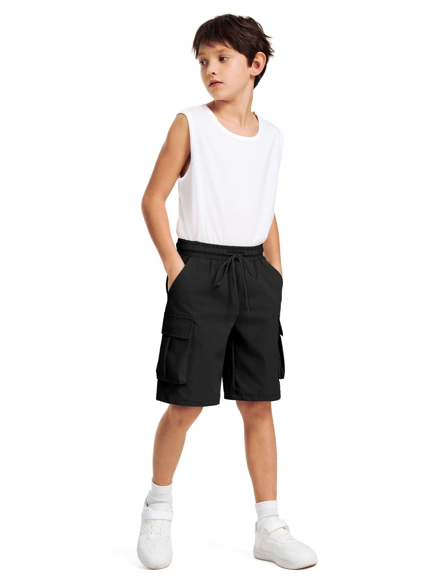 NUMYEAN Boys Cargo Shorts Quick Dry Water Resistant Hiking Short, Black, 9-10Y