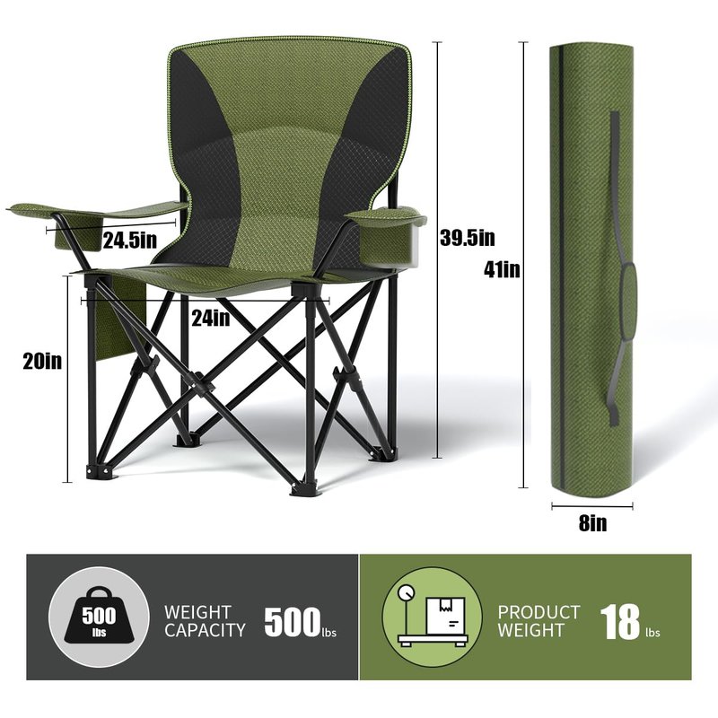 Heavy Duty Folding Chair 500LB Capacity, Oversized Camping Chairs with Cup Holder, Cooler Bag & Storage Pouch, Outdoor Chairs for Sports, Lawn Chairs , Fishing, Beach (2, Black Green, Oversized)