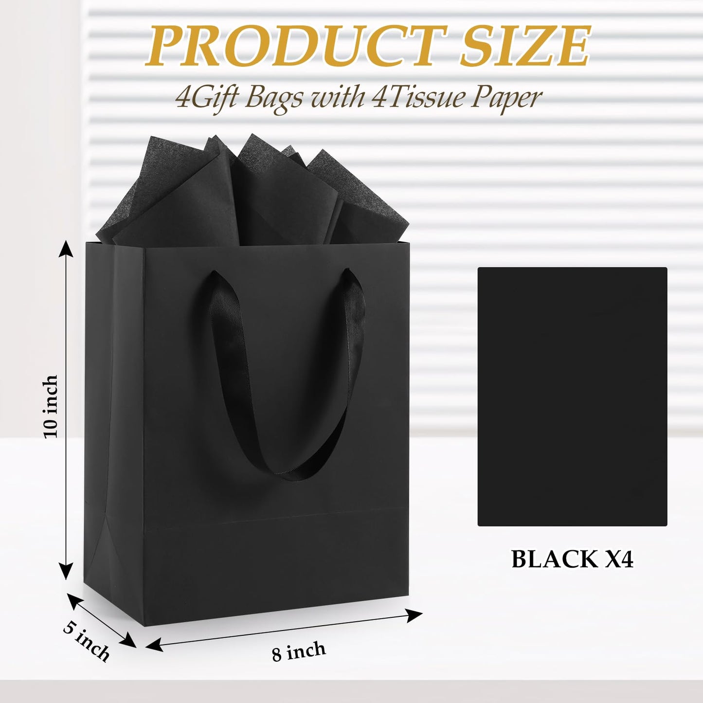Epoesch Black Small Gift Bags with Handles and Tissue Paper, 8x5x10 Inch 4 Pack Paper Bags for Men, Women, Birthdays Party, Baby Showers, Weddings, Father's Day, Anniversaries, Holidays (Black small - 4Pcs)