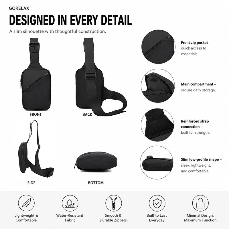 GORELAX Ultra Compact Mini Crossbody Sling Bag for Men Women, Lightweight Water Resistant Chest Fanny Pack, EDC Phone Purse for Travel Running Hiking(Black)