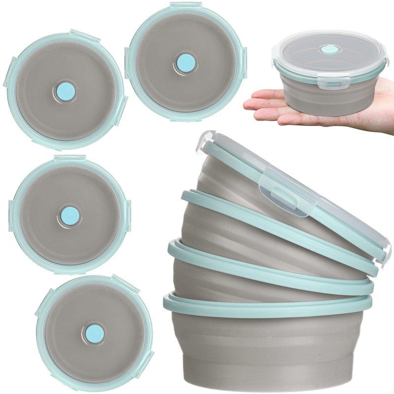 Suclain 4 Pcs Collapsible Bowls with Lids Silicone Camping Food Storage Container Expandable Folding Salad Lunch Box Travel Container for Hiking Camping(Blue Rim Gray,12 oz)