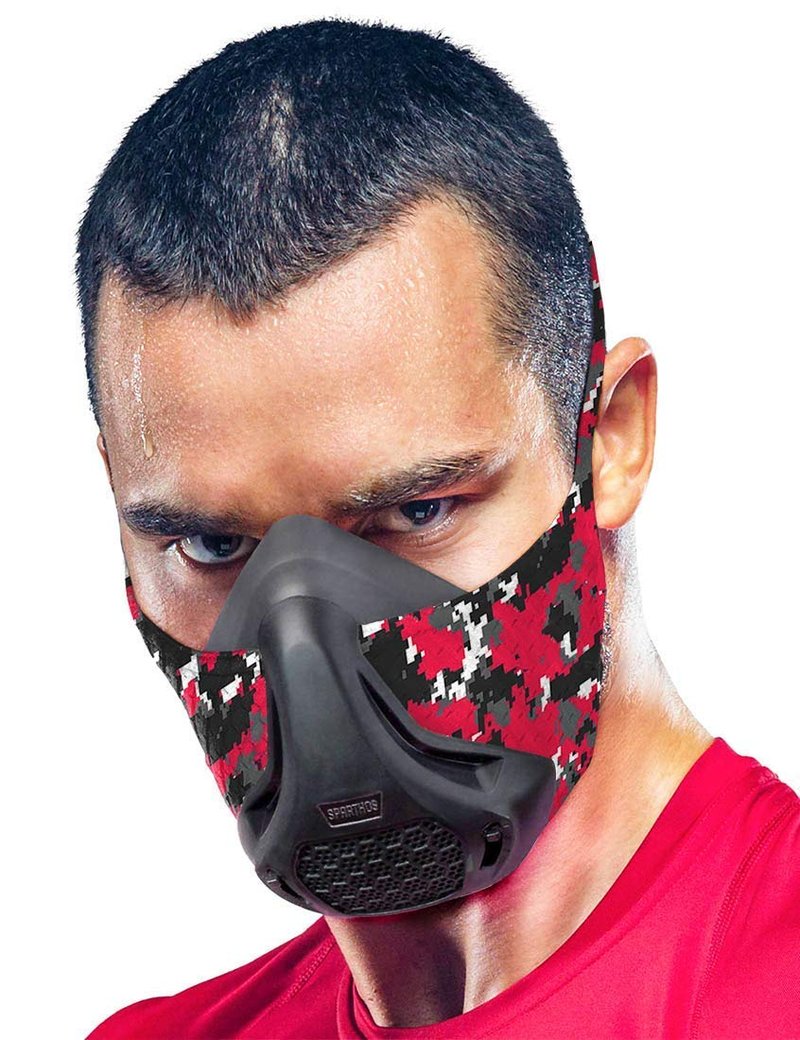 Sparthos High Altitude Mask for Training – for Gym Workout, Running, Cyclist, Cardio - Fitness Hypoxic Resistance Mask 2 3 – Urban Lung Exercise Face X Men Paintball [Red Camo + Case]