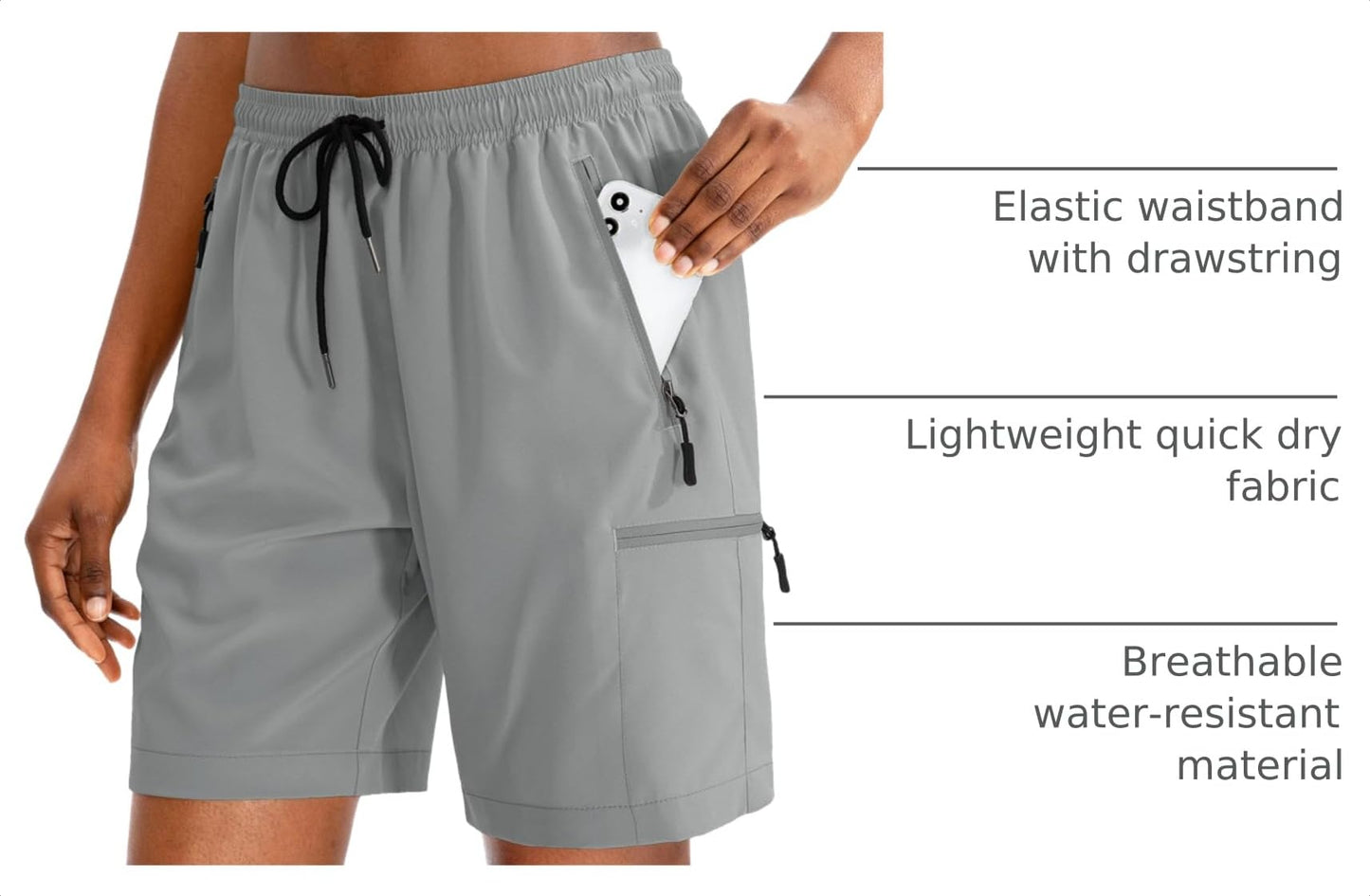 SANTINY Women's 5''/ 7''/9'' Hiking Cargo Shorts Quick Dry Lightweight Summer Shorts for Women Athletic Golf Zipper Pockets(Light Grey_XS)