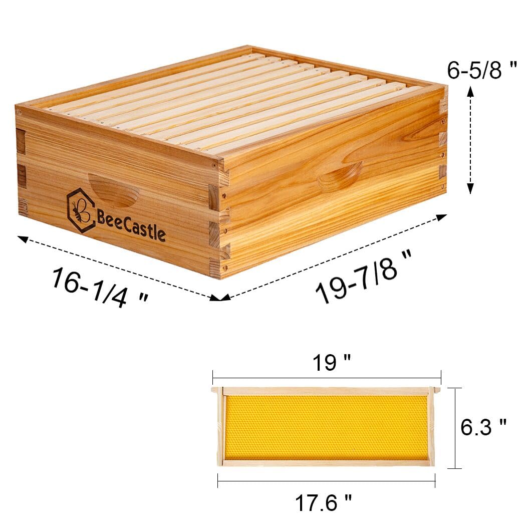 BeeCastle 10 Frame Medium Super Bee Hive Box, Langstroth Honey Bee Hive Dipped in 100% Beeswax Include Beehive Frames and Wax Foundations (Unassembled)