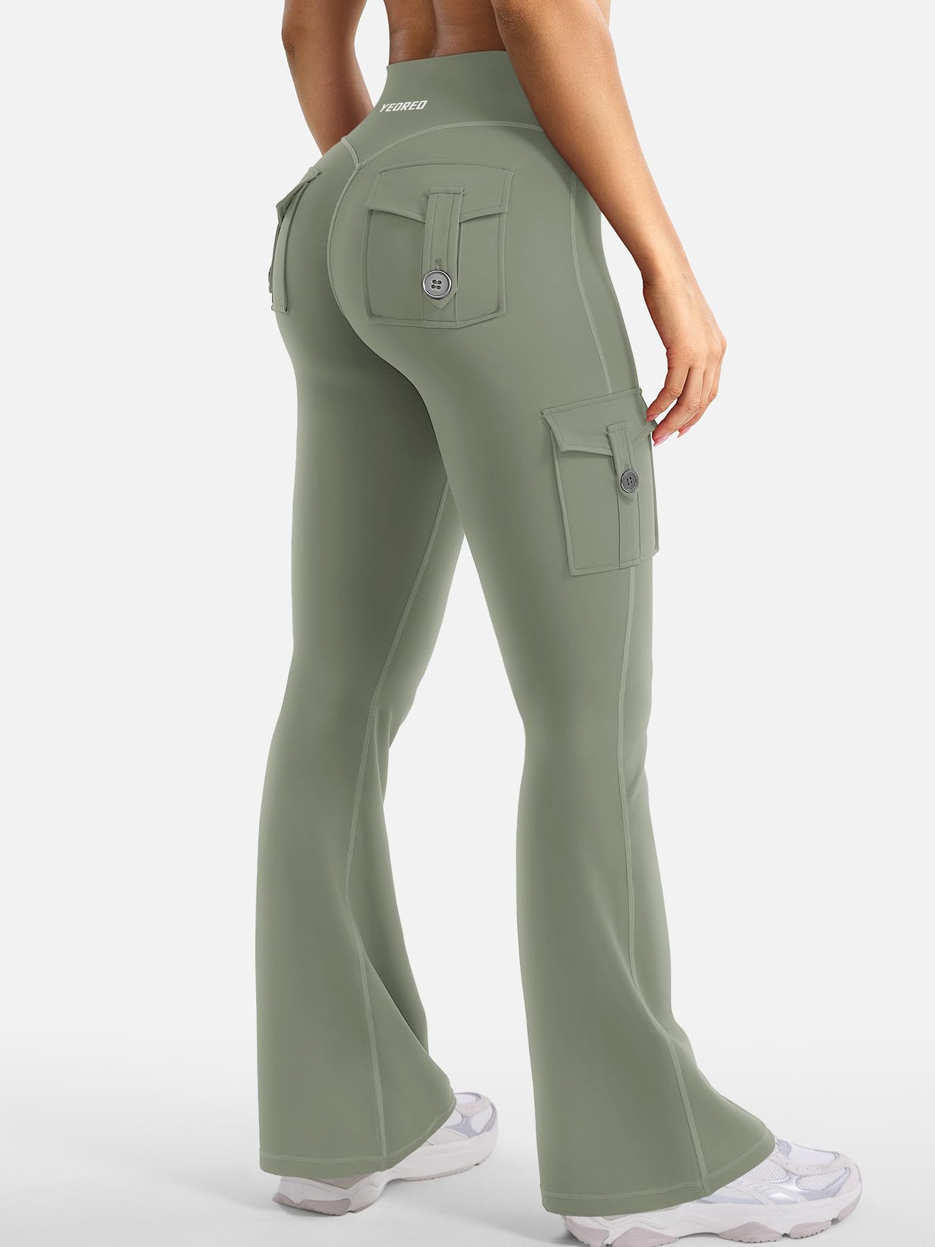 YEOREO CoreFlex Women Workout Flare Leggings with Pockets Hidden Scrunch High Waisted Cargo Gym Yoga No Front Seam Leggings Light Army Green S