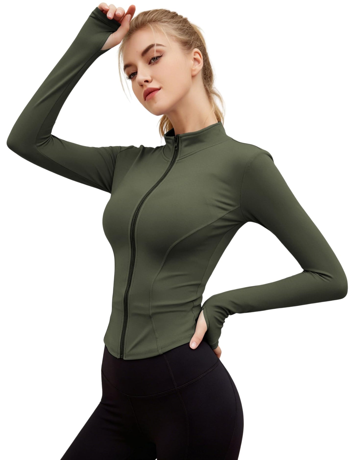 Lviefent Womens Lightweight Full Zip Running Track Jacket Workout Slim Fit Yoga Sportwear with Thumb Holes (Army Green, X-Large)