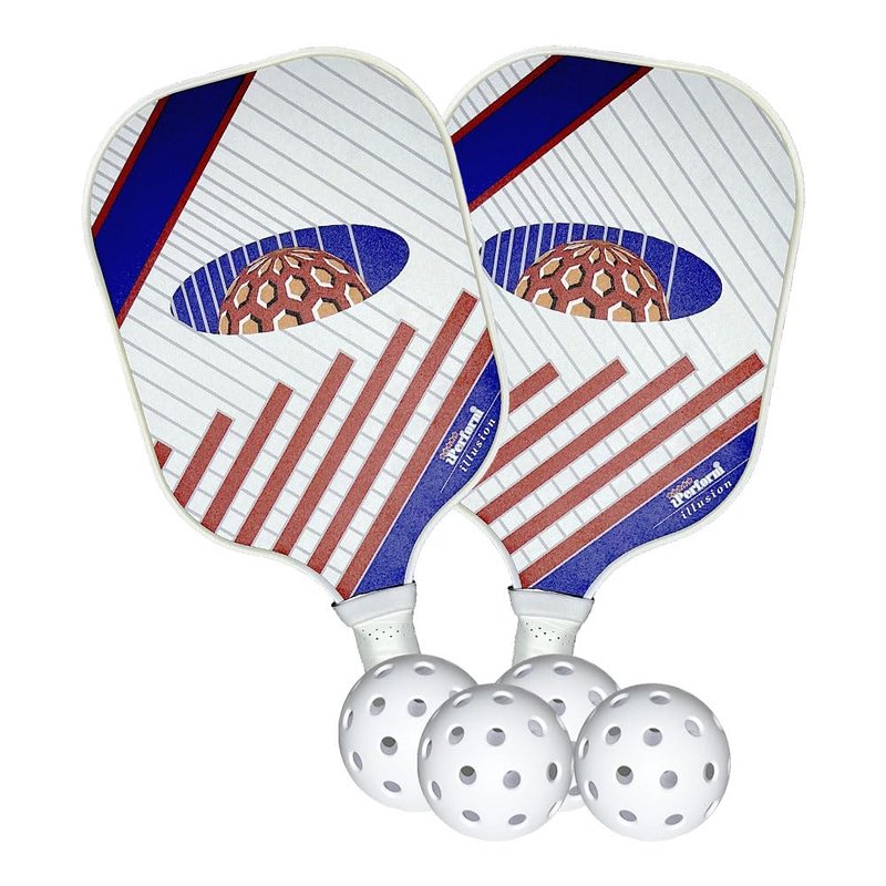 Pickleball Paddle Set Two Fiberglass Paddles & 4 White Balls with Black Bag Illusion by iPerform Brand (2 Paddles w/4 White Balls, Standard)
