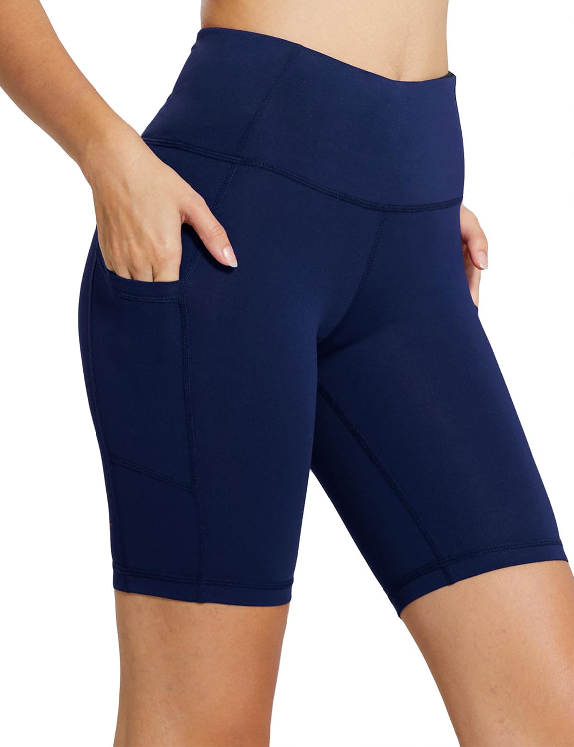baleaf Women's High Waist Biker Shorts Tummy Control Spandex Shorts with 3 Pockets for Yoga Running Workout Compression 8" Navy Blue XXL