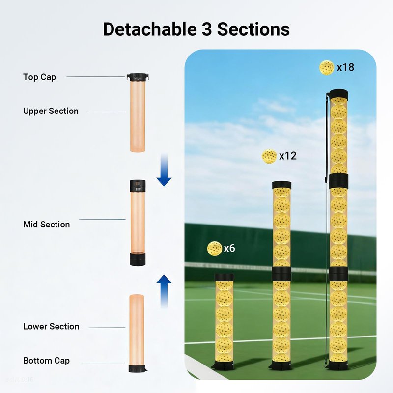 NEEWER Ball Retriever Tube Hopper for 18 Tennis Balls & 15 Pickleballs, Detachable 3 Section No Bending Pickup Picker Upper Collector with Stopper & Shoulder Strap, Orange, TB02Z
