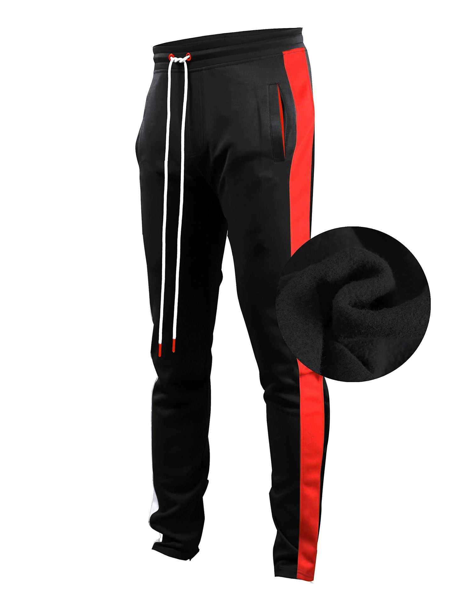 SCREENSHOT-S41707 Mens Hip Hop Premium Slim Fit Winter Fleece Lined Track Pants - Modern Workout Athletic Jogger Bottoms with Side Taping-Black/Red-Small