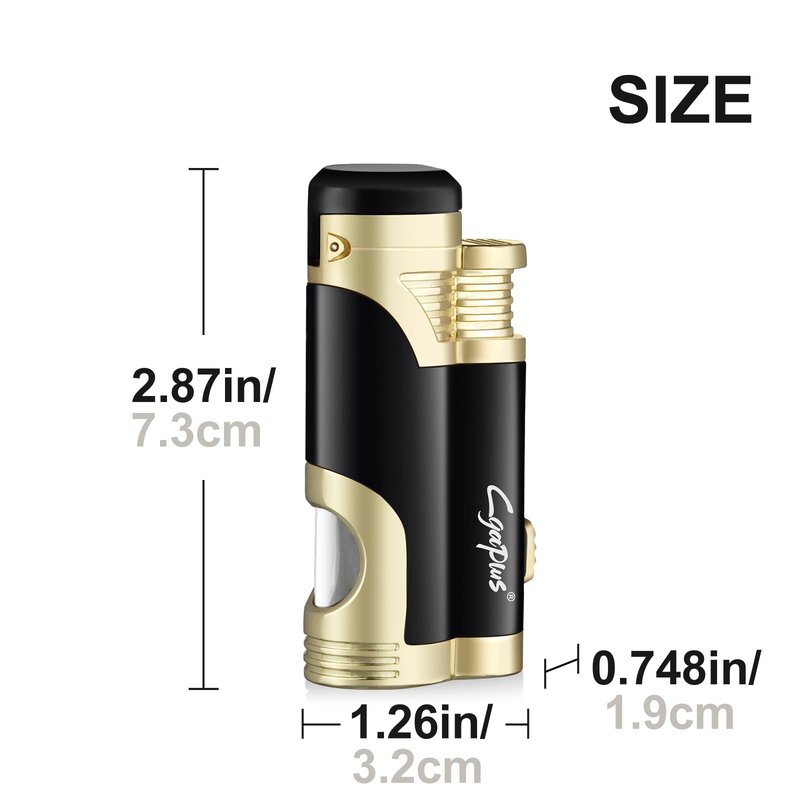 GUEVARA Cigar Butane Torch Lighter with Punch Windproof Double Jet Lighters (Black-Gold)