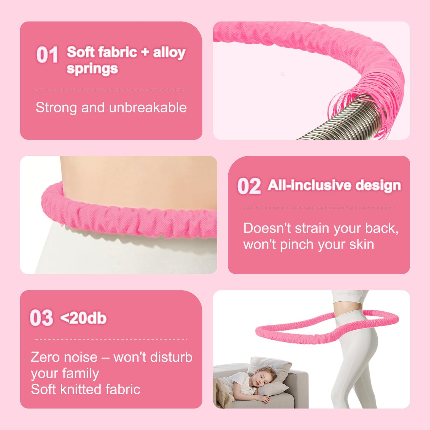 3.2lbs Soft Spring Weighted Hoop for Adults, Portable Core Workout Fitness Hoop, Quiet & Pinch-Proof Design for Effective Exercise (Pink)