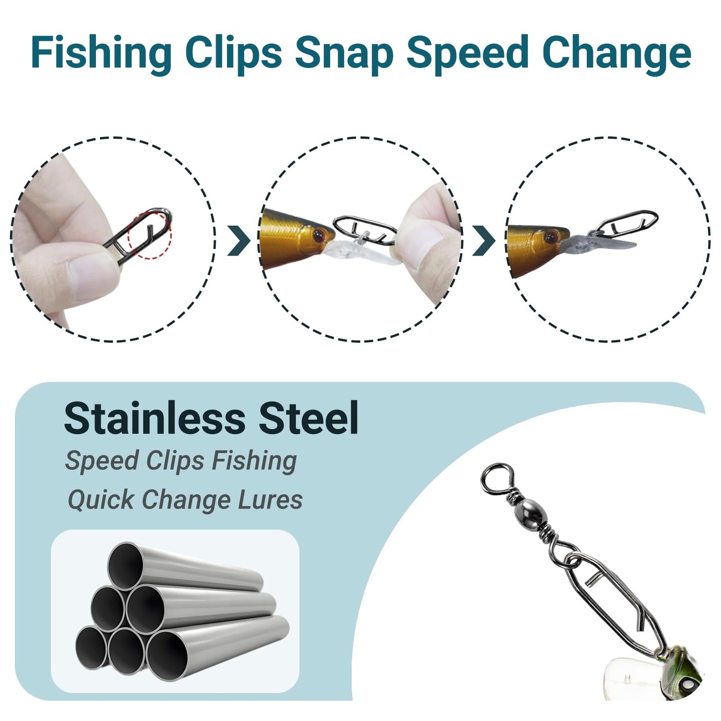 AMYSPORTS Heavy Strength Fishing Snap Stainless Saltwater Freshwater Fishing Swivel Clip Rolling Barrel Fishing Clips Swivels Speed Change Black Nickel, 50pcs, 70lb