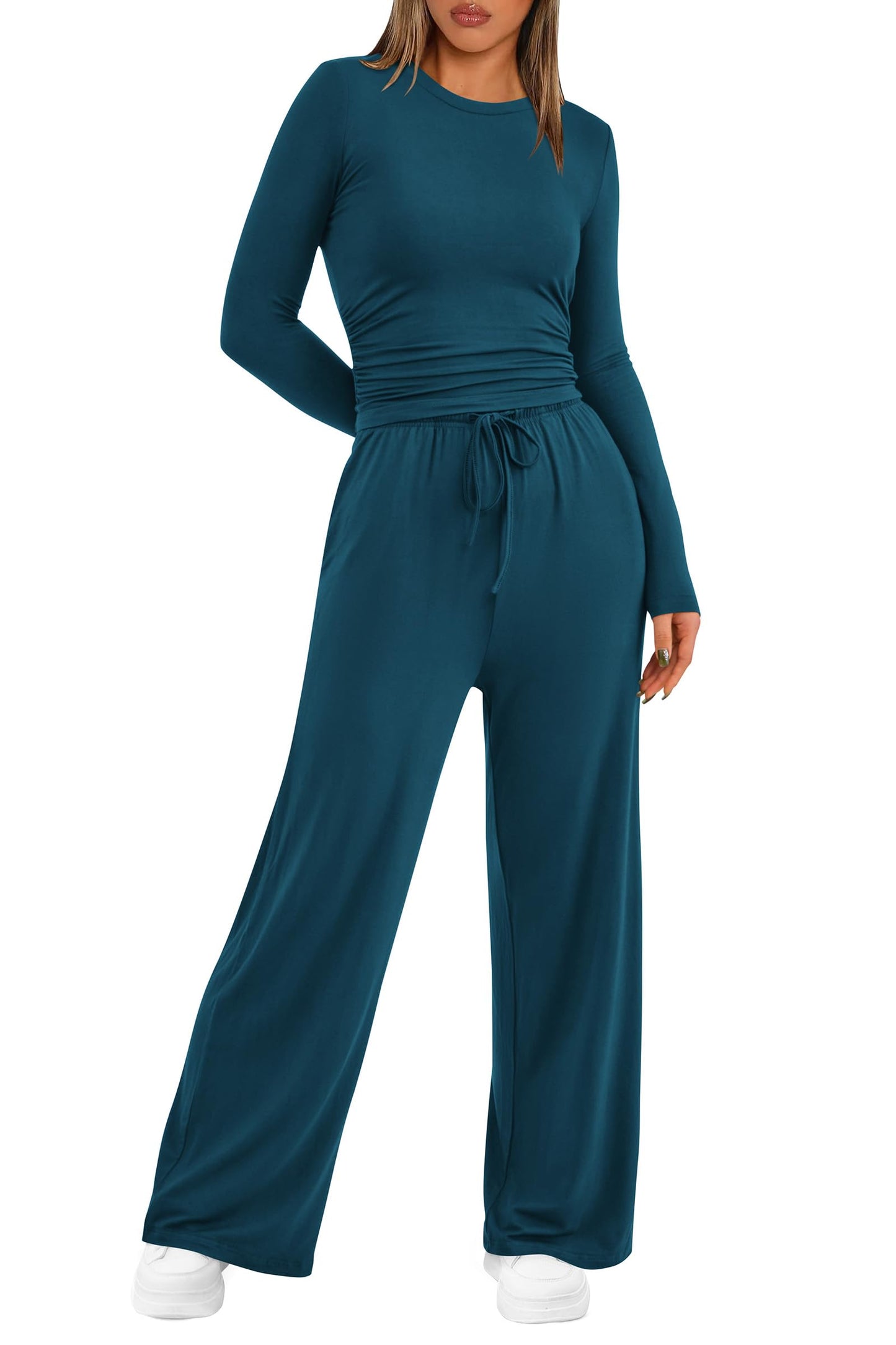 PRETTYGARDEN Women's Fall Two Piece Outfits Track Suits Long Sleeve Crop Tops Tee Shirts Wide Leg Pants Matching Lounge Sets (Dark Blue,Small)